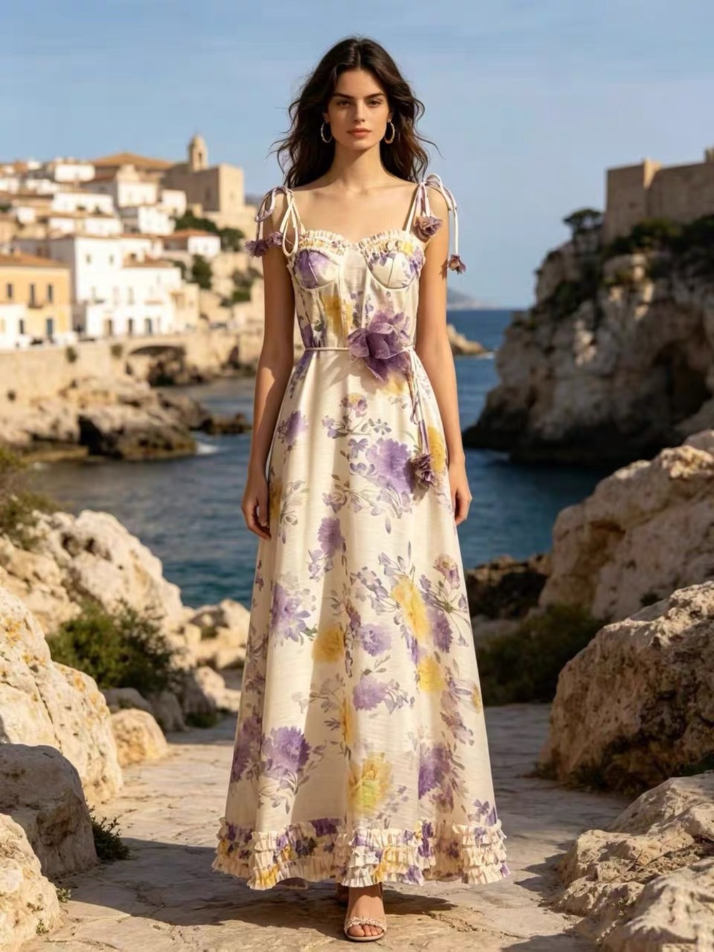 Designer-style Ruffle Floral Tie-Shoulder Sundress